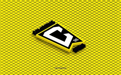 4k, Columbus Crew isometric logo, 3d art, American soccer club, isometric art, Columbus Crew, yellow background, MLS, USA, soccer, isometric emblem, Columbus Crew logo
