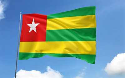 Togo flag on flagpole, 4K, African countries, blue sky, flag of Togo, wavy satin flags, Togolese flag, Togolese national symbols, flagpole with flags, Day of Togo, Africa, Togo flag, Togo