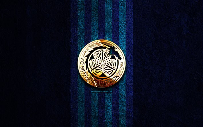 logotipo dorado de mito hollyhock, 4k, fondo de piedra azul, liga j2, club de fútbol japonés, logotipo de mito holly hock, fútbol, emblema mito holly hock, mito hollyhock, mito holly hock fc