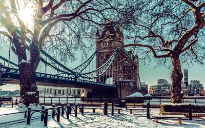 London, winter, snow, Tower Bridge, Thames River, London cityscape, landmark, London in winter, UK
