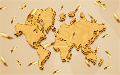 golden world karta, 4k, 3d konst, kreativ, världskartor, 3d världskarta, världskartkoncept