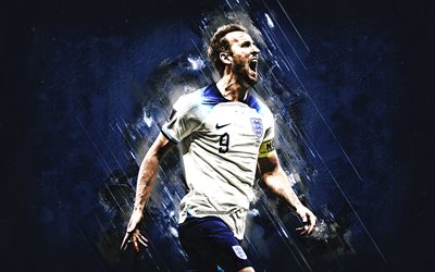 harry kane, englische fußballnationalmannschaft, englischer fußballer, katar 2022, hintergrund aus blauem stein, grunge kunst, england, fußball