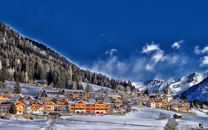 invierno, pueblo de montaña, casas, Francia, HDR, montañas
