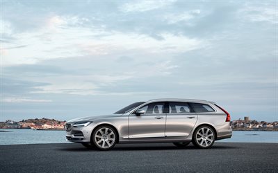 silver, Volvo V90, estate, road, wagon