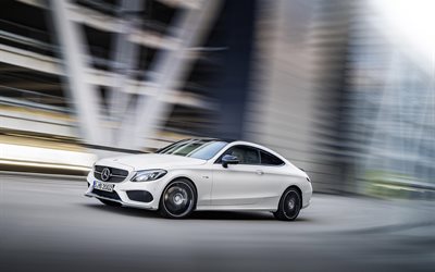 speed, 2017, Mercedes C43 AMG Coupe, in motion, white mercedes
