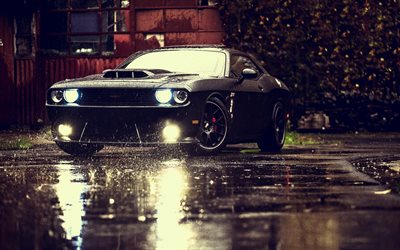 rain, supercars, Dodge Challenger SRT, puddles, black Dodge