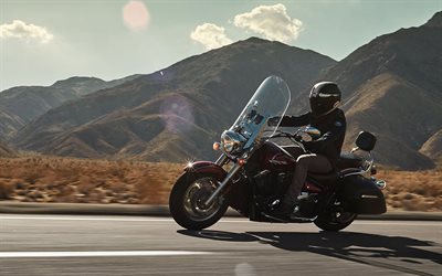 movement, biker, 2016, Yamaha V-Star 1300 Tourer, speed, mountains, road, red Yamaha