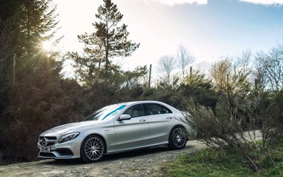 bosque, sedanes, 2016, Mercedes-AMG C 63 S, Mercedes silver