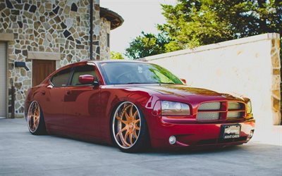 Dodge Charger, low rider, tuning, stance, red Charger, Dodge