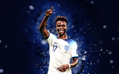 Bukayo Saka, 4k, blue neon lights, England National Football Team, soccer, footballers, blue abstract background, English football team, Bukayo Saka 4K