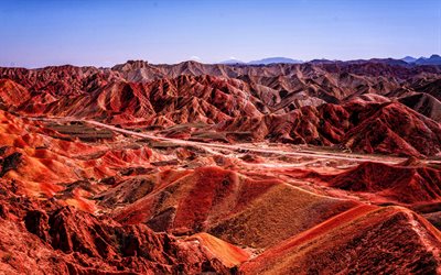 赤い岩, 4k, hdr, 荒野, zhangye danxia national geological park, 虹の山, danxia地形, 中国のランドマーク, 新jiang, 中国, アジア, 美しい自然