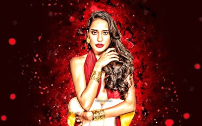 lisa haydon, 4k, luzes de neon vermelhas, ator indiano, bollywood, estrelas de cinema, obra de arte, foto com lisa haydon, celebridade indiana, lisa haydon 4k