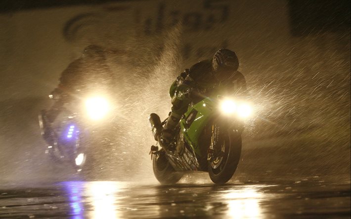 nacht, kawasaki ninja zx-10r, regen, reiter, motorrädern