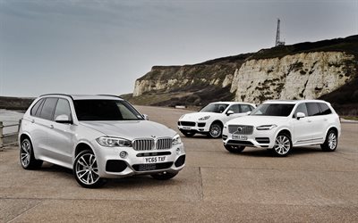 Porsche Cayenne, 2016, BMW X5, BMW F15, Volvo XC90, comparison, crossovers, white Volvo, white BMW