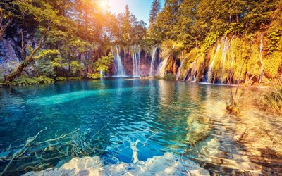 cascade, forêt, lac, coucher de soleil, Parc National de Plitvice, Croatie