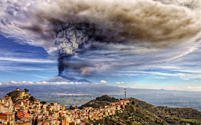 eruzione vulcanica, la colonna di polvere, il vulcano, la polvere nel vento