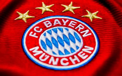 شعار بايرن ميونيخ, 4k, خلفية الحرير الأحمر, البوندسليجا, كرة القدم, نادي كرة القدم الألماني, الفن المطلي, بايرن ميونيخ fc, شعار الرياضة, fc بايرن ميونيخ