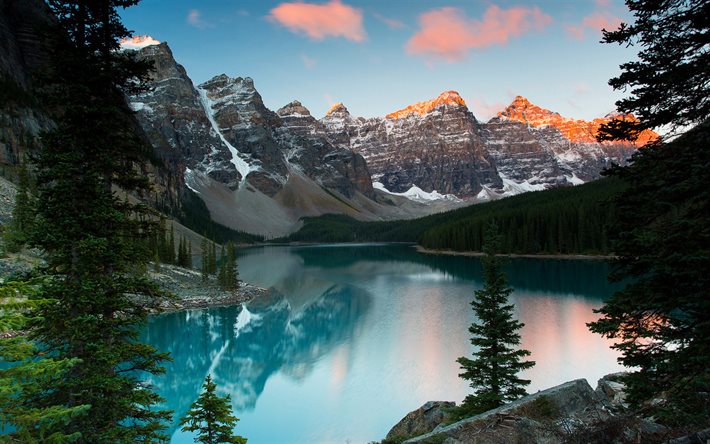 pôr do sol, moraine lake, montanhas, parque nacional de banff, floresta, lago azul, canadá