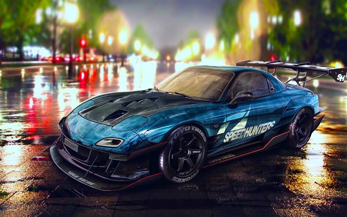 Mazda RX-7, tuning, night, rain, blue Mazda