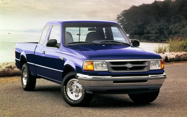 ford ranger xlt super cab, 4k, mavi pikap, 1996 arabalar, eski arabalar, mavi ford ranger, 1996 ford ranger, amerikan arabaları, ford