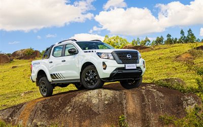 nissan frontier attack 4x4 double cab, 4k, offroad, 2022 autot, valkoinen pickup, 2022 nissan frontier, white nissan frontier, japanilaiset autot, nissan