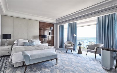 elegante diseño interior de dormitorio, estilo clásico, paredes de color gris claro en el dormitorio, idea de dormitorio, diseño interior moderno, dormitorio, moqueta azul en el suelo