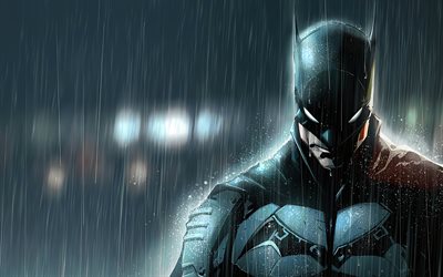 4k, バットマン, 雨, 3dアート, スーパーヒーロー, クリエイティブ, バットマンとの写真, dcコミック, 暗闇, バットマン4k, バットマン3d