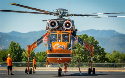 Sikorsky S-64 Skycrane, heavy-lift helicopters, civil aviation, orange helicopter, air-cranes, aviation, Sikorsky, pictures with helicopter, civil aircraft, S-64 Skycrane, Sikorsky Aircraft