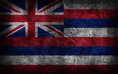 4k, 하와이 주 국기, 돌 질감, 하와이 주의 국기, 하와이 국기, 하와이의 날, 그런지 아트, 하와이, 미국 국가 상징, 하와이 주, 미국 주, 미국