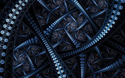 arrière-plans bleus de fractales, 4k, art 3d, créatif, arrière-plans bleus, art fractal, arrière-plans abstraits, art abstrait, motif chaotique abstrait, motif de fractales florales, fractales