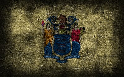 4k, New Jersey State flag, stone texture, Flag of New Jersey State, New Jersey flag, Day of New Jersey, grunge art, New Jersey, American national symbols, New Jersey State, American states, USA