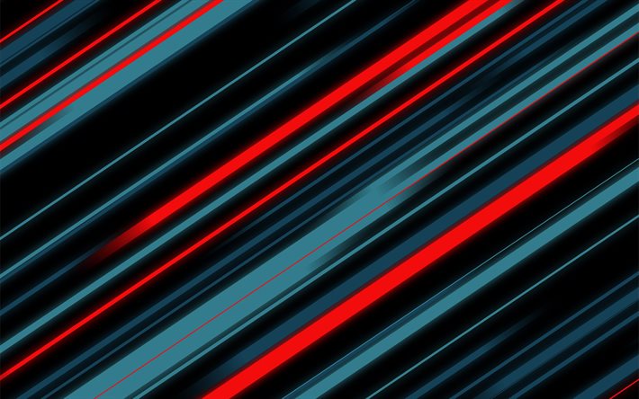 fondo de líneas rojas azules, 4k, fondo de diseño de material rojo azul, fondo de líneas, abstracción de líneas rojas azules, patrón de líneas, diseño de materiales