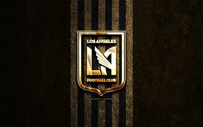 Los Angeles FC golden logo, 4k, brown stone background, MLS, american soccer club, Los Angeles FC logo, soccer, Los Angeles FC, football
