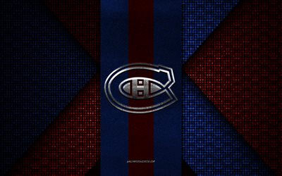 canadiens de montréal, nhl, texture tricotée rouge bleu, logo des canadiens de montréal, club de hockey canadien, emblème des canadiens de montréal, hockey, montréal, canada, états-unis
