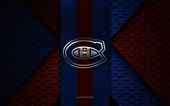 Montreal Canadiens, NHL, blue red knitted texture, Montreal Canadiens logo, Canadian hockey club, Montreal Canadiens emblem, hockey, Montreal, Canada, USA