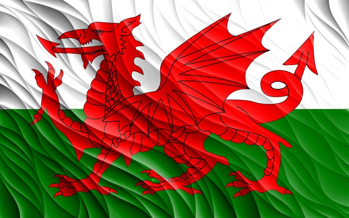 4k, ウェールズの旗, 波状の3dフラグ, ヨーロッパ諸国, ウェールズの日, 3d波, ヨーロッパ, ウェールズの国家のシンボル, ウェールズ