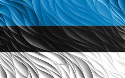4k, エストニアの旗, 波状の3dフラグ, ヨーロッパ諸国, エストニアの日, 3d波, ヨーロッパ, エストニアの国のシンボル, エストニア