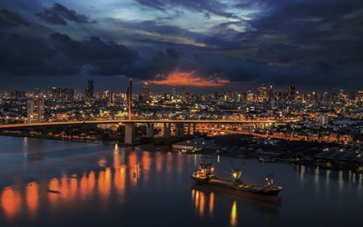 4k, bangkok, rama ix bridge, thailands huvudstad, kväll, solnedgång, chao phraya river, bangkok panorama, bangkok stadsbild, thailand