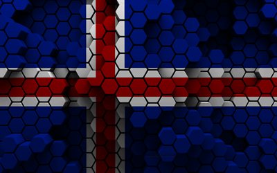 4k, islannin lippu, 3d kuusikulmio tausta, islannin 3d lippu, islannin päivä, 3d kuusikulmio tekstuuri, islannin kansalliset symbolit, islanti, 3d islannin lippu, euroopan maat