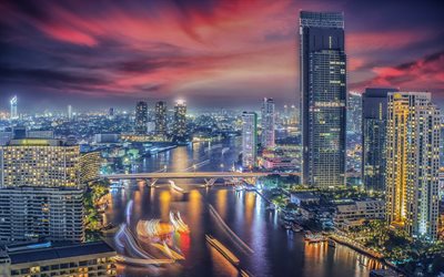 bangkok, noche, luces de la ciudad, metrópolis, rascacielos, bangkok de noche, krung thep, krung thep maha nakhon, panorama de bangkok, paisaje urbano de bangkok, tailandia