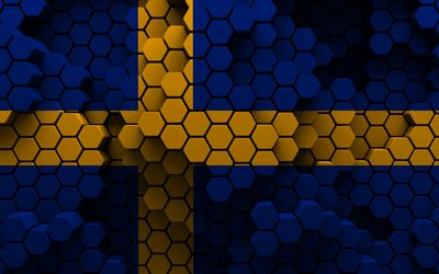 스웨덴의 국기, 4k, 3d 다각형 배경, 스웨덴 국기, 3d 다각형 텍스처, 스웨덴의 날, 3차원, 스웨덴, 기, 스웨덴 국가 상징, 3d 아트