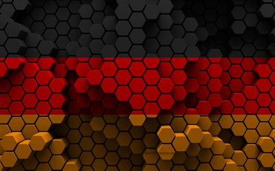 4k, tysklands flagga, 3d hexagon bakgrund, tyskland 3d flaggan, tysklands dag, 3d hexagon textur, tysk flagga, tyska nationella symboler, tyskland, 3d tyskland flagga, europeiska länder