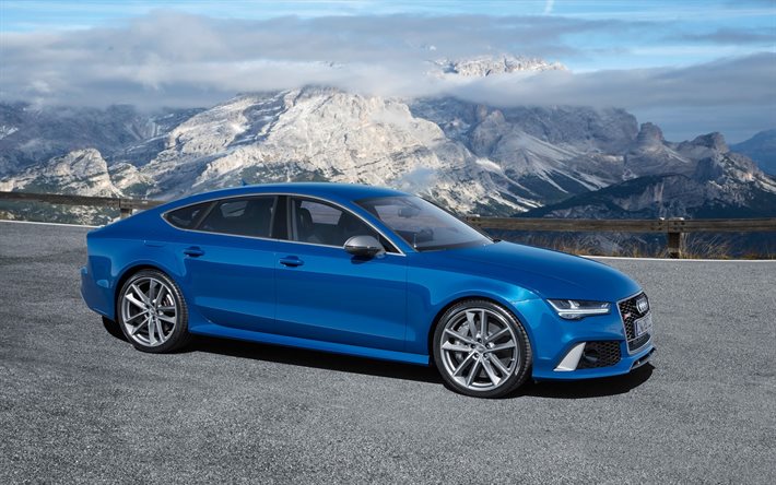 Audi RS7, supercars, coches de lujo, carretera, montañas, azul audi