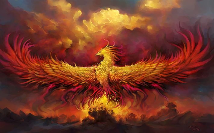 Fiery Phoenix, 4k, fire bird, art