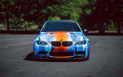 tuning, BMW M3, E92, supercars, parking, blue m3