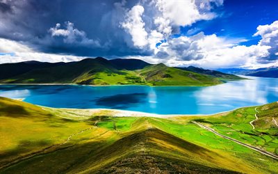 チベット, yamdroktsoパラダイス湖, 雲, hdr, 山々, 夏