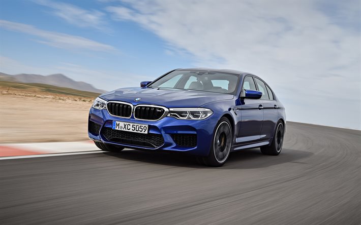 BMW M5, 2018, Blue M5, sedan, racing track, German cars, new M5, BMW