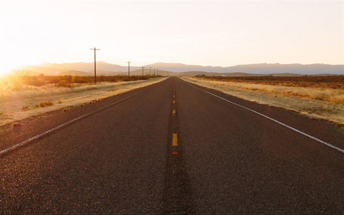 Carretera de asfalto, puesta de sol, horizonte, camino, carretera