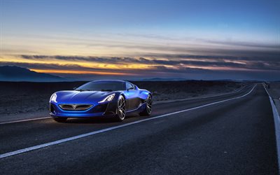 supercar, 2016, Rimac Concept Électrique, route, crépuscule