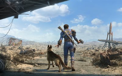 Fallout 4, man, dog, blue sky, 2016